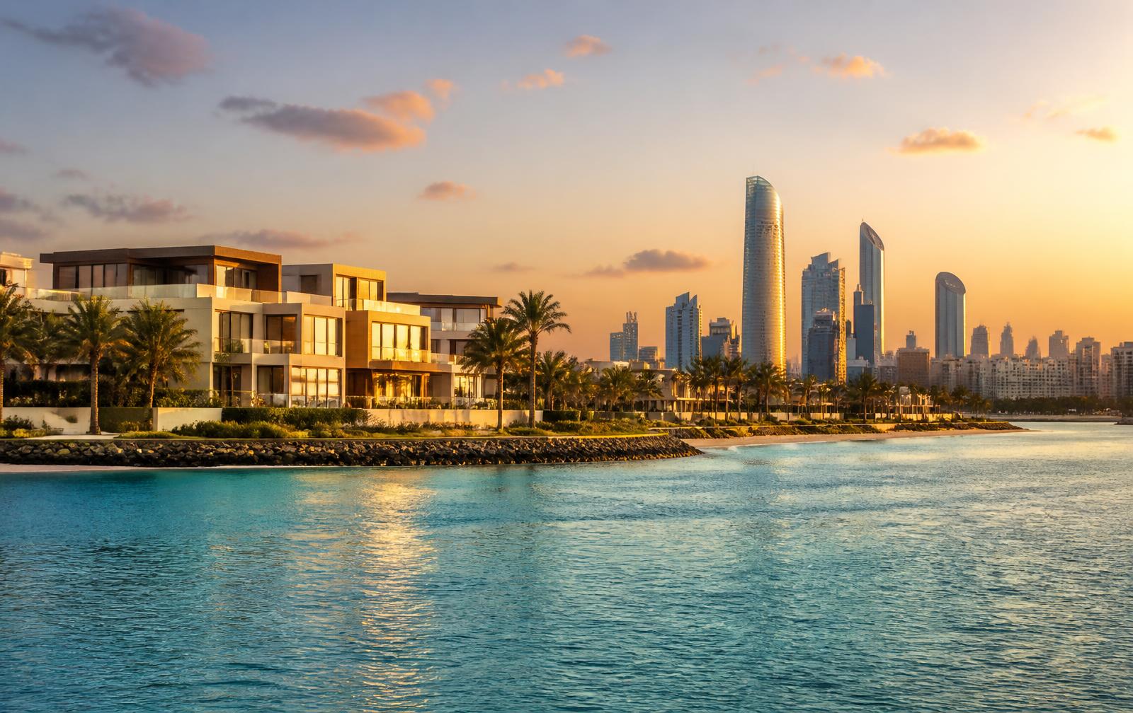 Abu Dhabi waterfront skyline at sunset